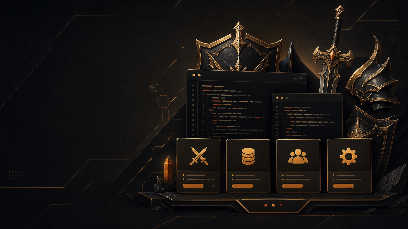 Minimalist dark MU Online Lua script product showcase with fantasy equipment and code panels.